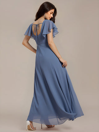 Short Sleeve Ruffle A-Line Backless Floor Length Formal Dresses