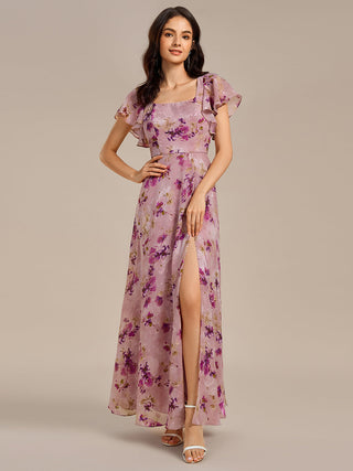 Short Sleeve Ruffle A-Line Backless Floor Length Formal Dresses