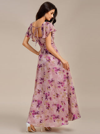 Short Sleeve Ruffle A-Line Backless Floor Length Formal Dresses