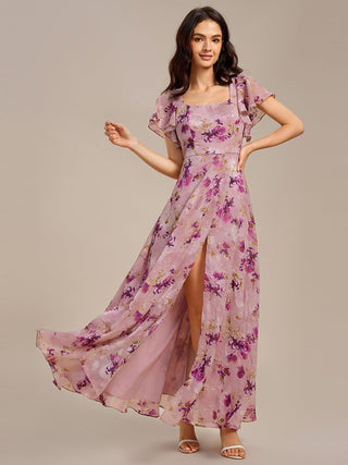 Short Sleeve Ruffle A-Line Backless Floor Length Formal Dresses