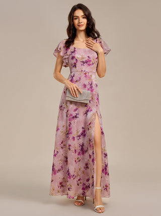 Short Sleeve Ruffle A-Line Backless Floor Length Formal Dresses
