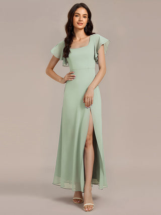 Short Sleeve Ruffle A-Line Backless Floor Length Formal Dresses