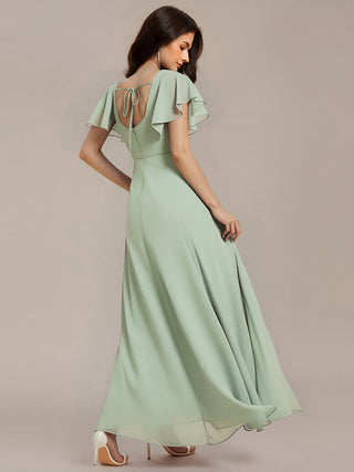 Short Sleeve Ruffle A-Line Backless Floor Length Formal Dresses