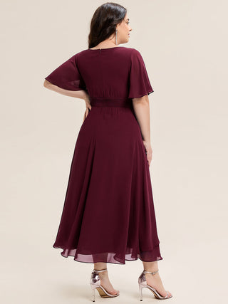 Plus Size Short Sleeve Ruffle Asymmetrical A-Line Midi Evening Dresses