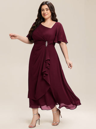Short Sleeve Ruffle Asymmetrical A-Line Midi Evening Dresses