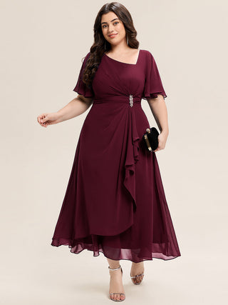 Short Sleeve Ruffle Asymmetrical A-Line Midi Evening Dresses