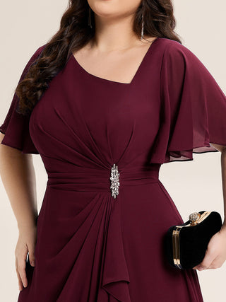 Short Sleeve Ruffle Asymmetrical A-Line Midi Evening Dresses