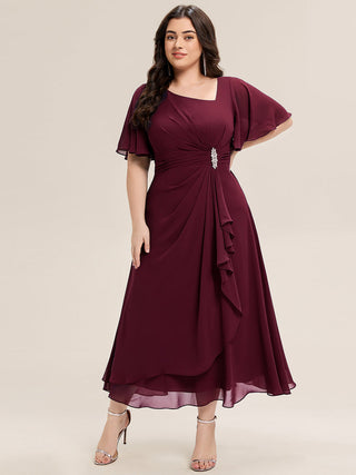 Plus Size Short Sleeve Ruffle Asymmetrical A-Line Midi Evening Dresses