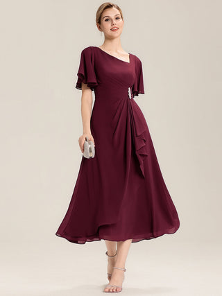 Short Sleeve Ruffle Asymmetrical A-Line Midi Evening Dresses