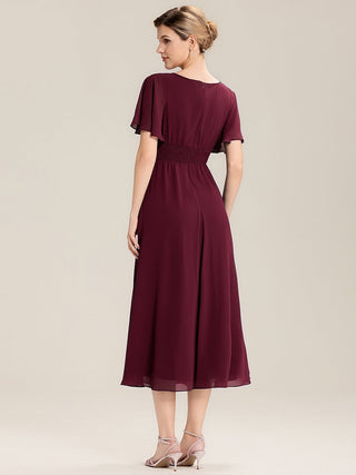 Short Sleeve Ruffle Asymmetrical A-Line Midi Evening Dresses