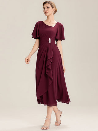 Short Sleeve Ruffle Asymmetrical A-Line Midi Evening Dresses