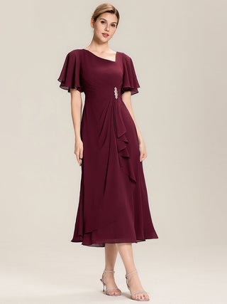 Short Sleeve Ruffle Asymmetrical A-Line Midi Evening Dresses