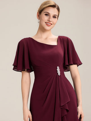 Short Sleeve Ruffle Asymmetrical A-Line Midi Evening Dresses