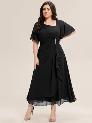 Short Sleeve Ruffle Asymmetrical A-Line Midi Evening Dresses
