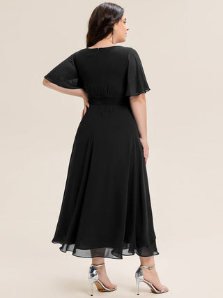 Plus Size Short Sleeve Ruffle Asymmetrical A-Line Midi Evening Dresses