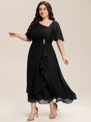 Short Sleeve Ruffle Asymmetrical A-Line Midi Evening Dresses