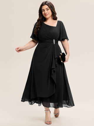 Plus Size Short Sleeve Ruffle Asymmetrical A-Line Midi Evening Dresses