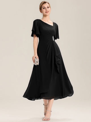 Short Sleeve Ruffle Asymmetrical A-Line Midi Evening Dresses