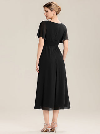 Short Sleeve Ruffle Asymmetrical A-Line Midi Evening Dresses