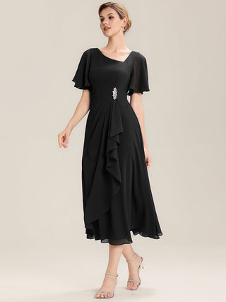 Short Sleeve Ruffle Asymmetrical A-Line Midi Evening Dresses
