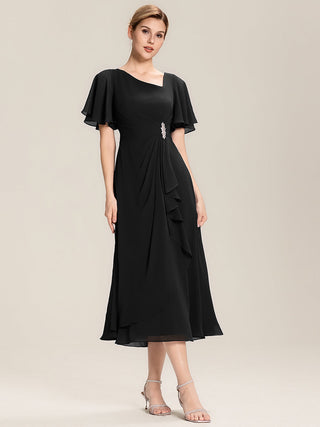 Short Sleeve Ruffle Asymmetrical A-Line Midi Evening Dresses