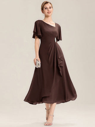 Short Sleeve Ruffle Asymmetrical A-Line Midi Evening Dresses