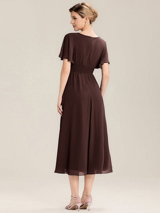 Short Sleeve Ruffle Asymmetrical A-Line Midi Evening Dresses