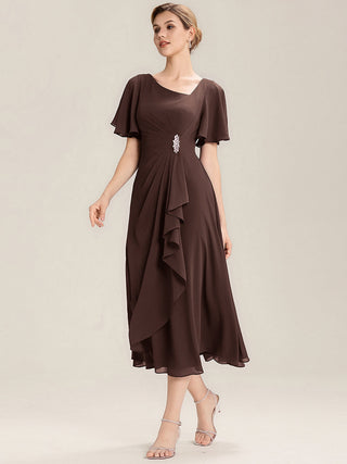 Short Sleeve Ruffle Asymmetrical A-Line Midi Evening Dresses