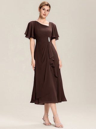 Short Sleeve Ruffle Asymmetrical A-Line Midi Evening Dresses