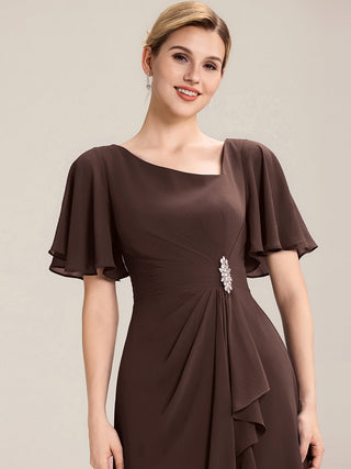 Short Sleeve Ruffle Asymmetrical A-Line Midi Evening Dresses