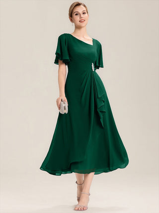 Short Sleeve Ruffle Asymmetrical A-Line Midi Evening Dresses