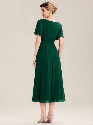 Short Sleeve Ruffle Asymmetrical A-Line Midi Evening Dresses