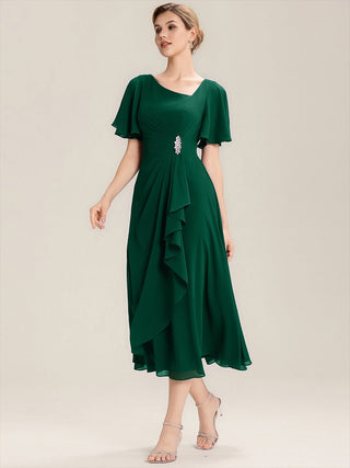 Short Sleeve Ruffle Asymmetrical A-Line Midi Evening Dresses