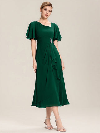 Short Sleeve Ruffle Asymmetrical A-Line Midi Evening Dresses