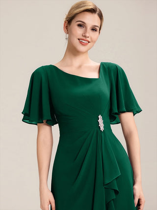 Short Sleeve Ruffle Asymmetrical A-Line Midi Evening Dresses