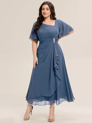 Short Sleeve Ruffle Asymmetrical A-Line Midi Evening Dresses