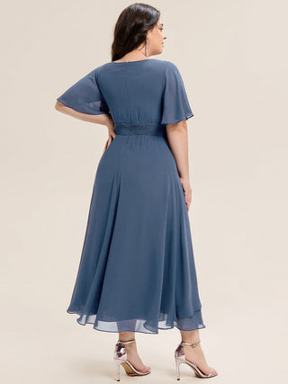 Short Sleeve Ruffle Asymmetrical A-Line Midi Evening Dresses