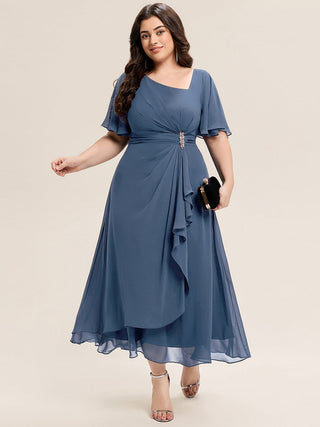 Short Sleeve Ruffle Asymmetrical A-Line Midi Evening Dresses