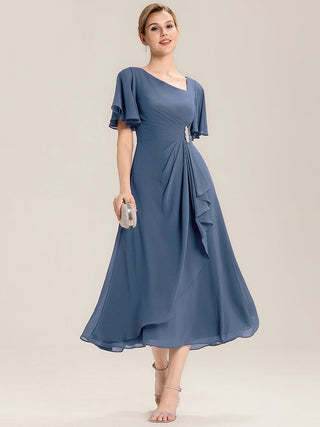 Short Sleeve Ruffle Asymmetrical A-Line Midi Evening Dresses
