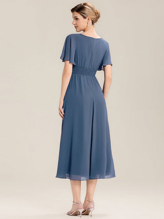 Short Sleeve Ruffle Asymmetrical A-Line Midi Evening Dresses