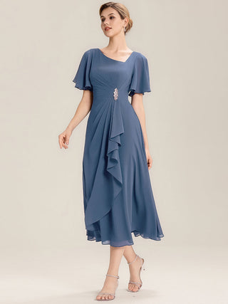 Short Sleeve Ruffle Asymmetrical A-Line Midi Evening Dresses