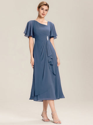 Short Sleeve Ruffle Asymmetrical A-Line Midi Evening Dresses