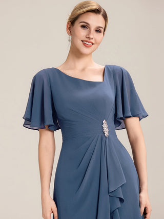 Short Sleeve Ruffle Asymmetrical A-Line Midi Evening Dresses