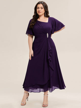 Plus Size Short Sleeve Ruffle Asymmetrical A-Line Midi Evening Dresses