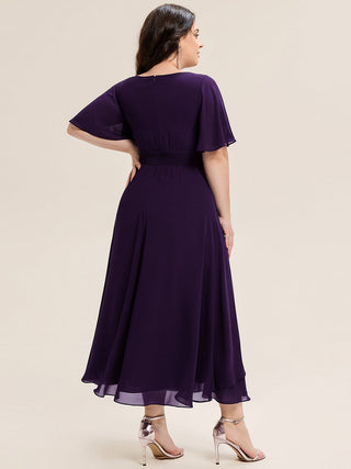 Plus Size Short Sleeve Ruffle Asymmetrical A-Line Midi Evening Dresses