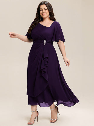 Plus Size Short Sleeve Ruffle Asymmetrical A-Line Midi Evening Dresses