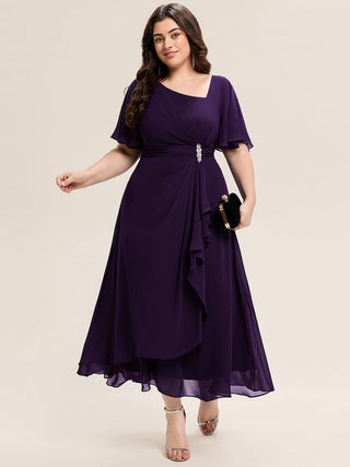 Plus Size Short Sleeve Ruffle Asymmetrical A-Line Midi Evening Dresses