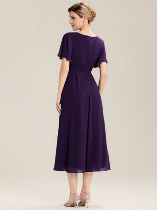 Short Sleeve Ruffle Asymmetrical A-Line Midi Evening Dresses