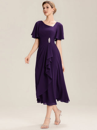 Short Sleeve Ruffle Asymmetrical A-Line Midi Evening Dresses