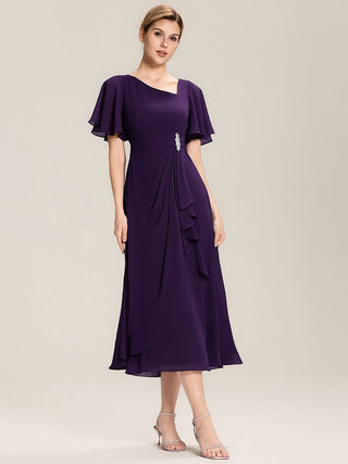 Short Sleeve Ruffle Asymmetrical A-Line Midi Evening Dresses